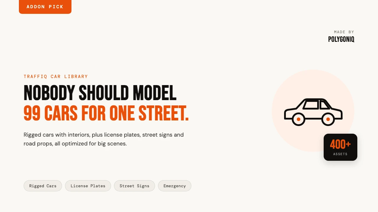 Nobody should model 99 cars for one street. Traffiq adds rigged cars with interiors, license plates and street signs to Blender