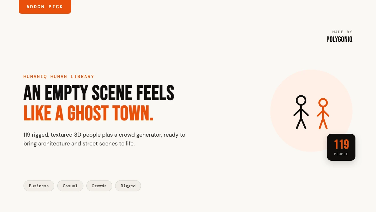 An empty scene feels like a ghost town. Humaniq adds 119 rigged, textured 3D people and a crowd generator to Blender