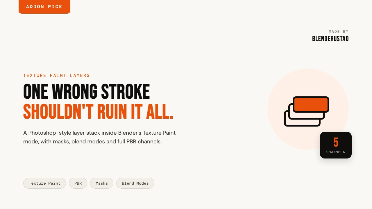 One wrong stroke should not ruin it all. Texture Paint Layers adds a non-destructive layer stack with masks, blend modes and five PBR channels to Blender Texture Paint