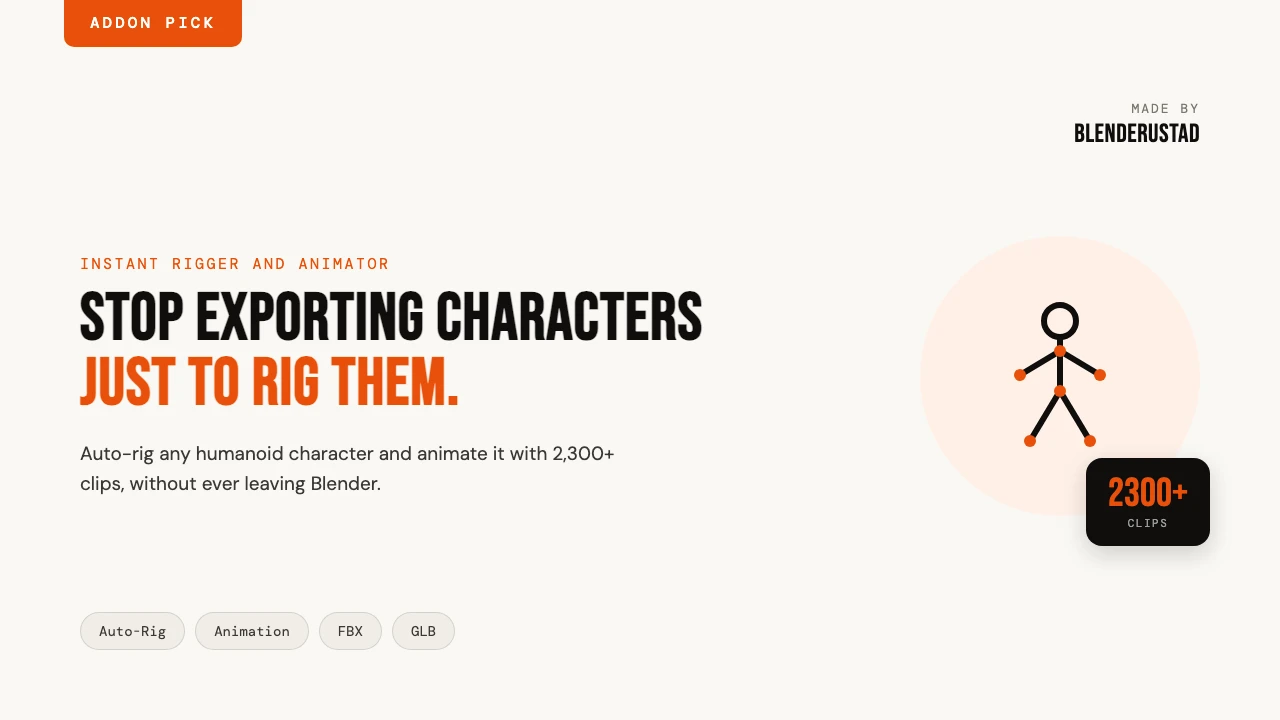 Stop exporting characters just to rig them. Instant Rigger and Animator auto-rigs humanoid characters and animates them with 2300+ clips inside Blender