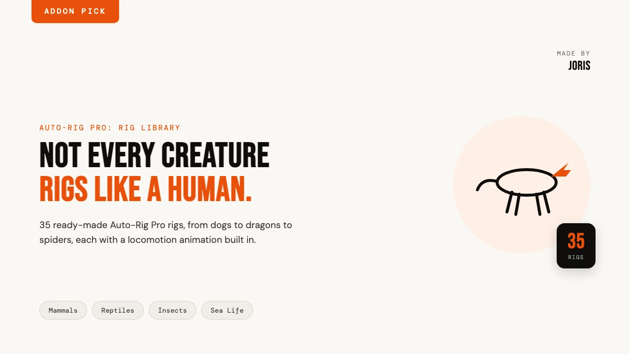 Not every creature rigs like a human. Auto-Rig Pro Rig Library adds 35 ready-made animal and creature rigs