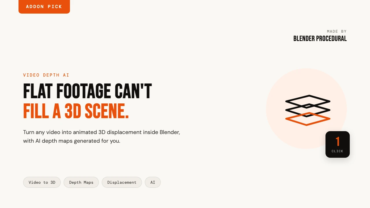 Flat footage cannot fill a 3D scene. Video Depth AI turns any video into animated 3D displacement in Blender