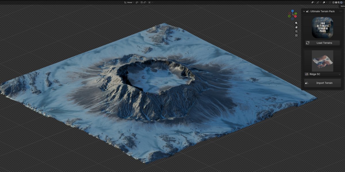 A snowy volcanic crater terrain imported into Blender with the Ultimate Terrain Pack panel open