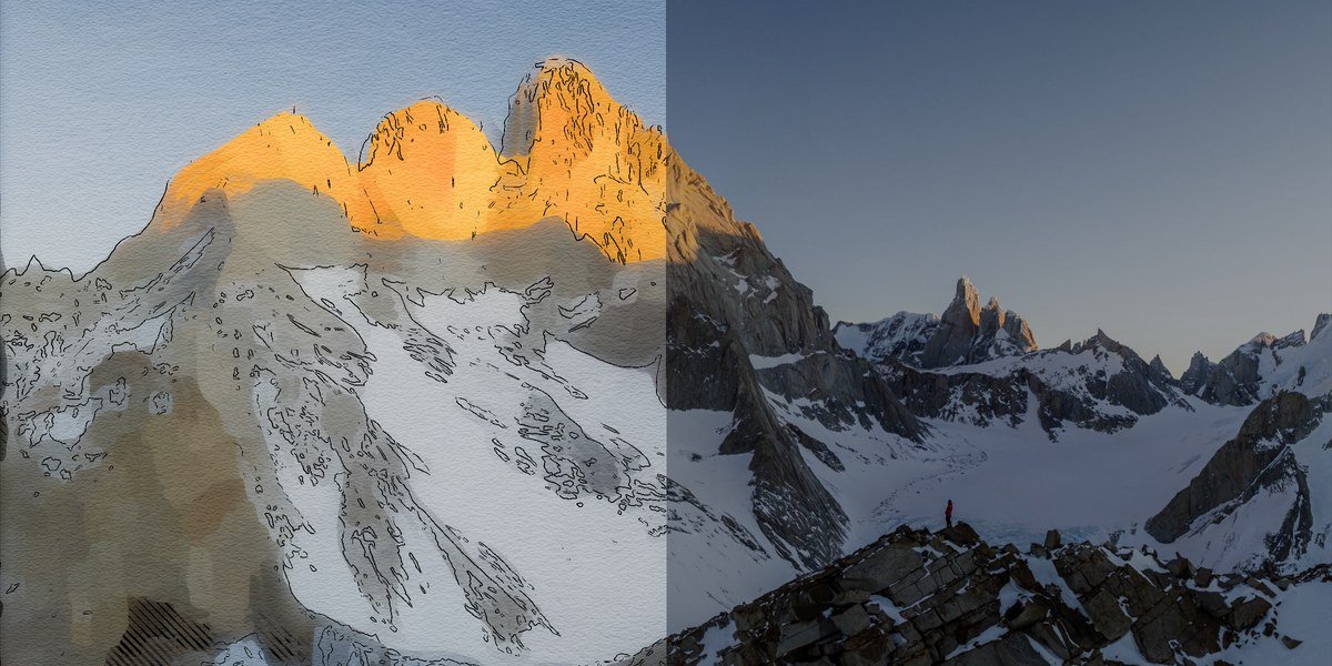 A snowy mountain shown as a watercolor and ink style painting on the left and the original render on the right