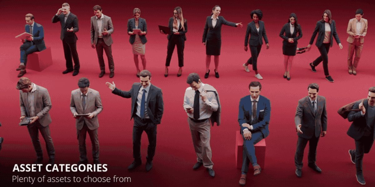Many different Humaniq human characters in business and casual clothing standing and posing on a red studio floor