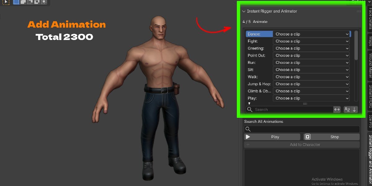 The Auto Bind Character button in the Instant Rigger and Animator panel in Blender, with a humanoid character shown with body guides