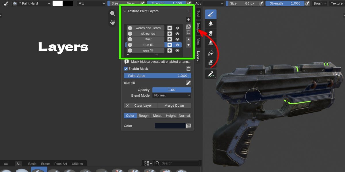 The Texture Paint Layers panel in Blender showing a layer stack with wear and tears, dust and blue fill layers on a sci-fi pistol model