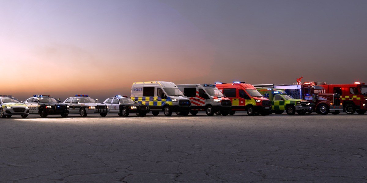 A line of Traffiq emergency vehicles including police cars, ambulances and fire trucks at dusk in Blender