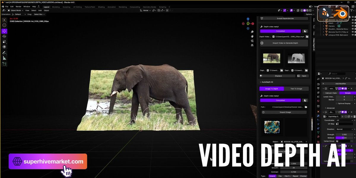 A video of an elephant displaced into an animated 3D surface in Blender with the Video Depth AI panel open