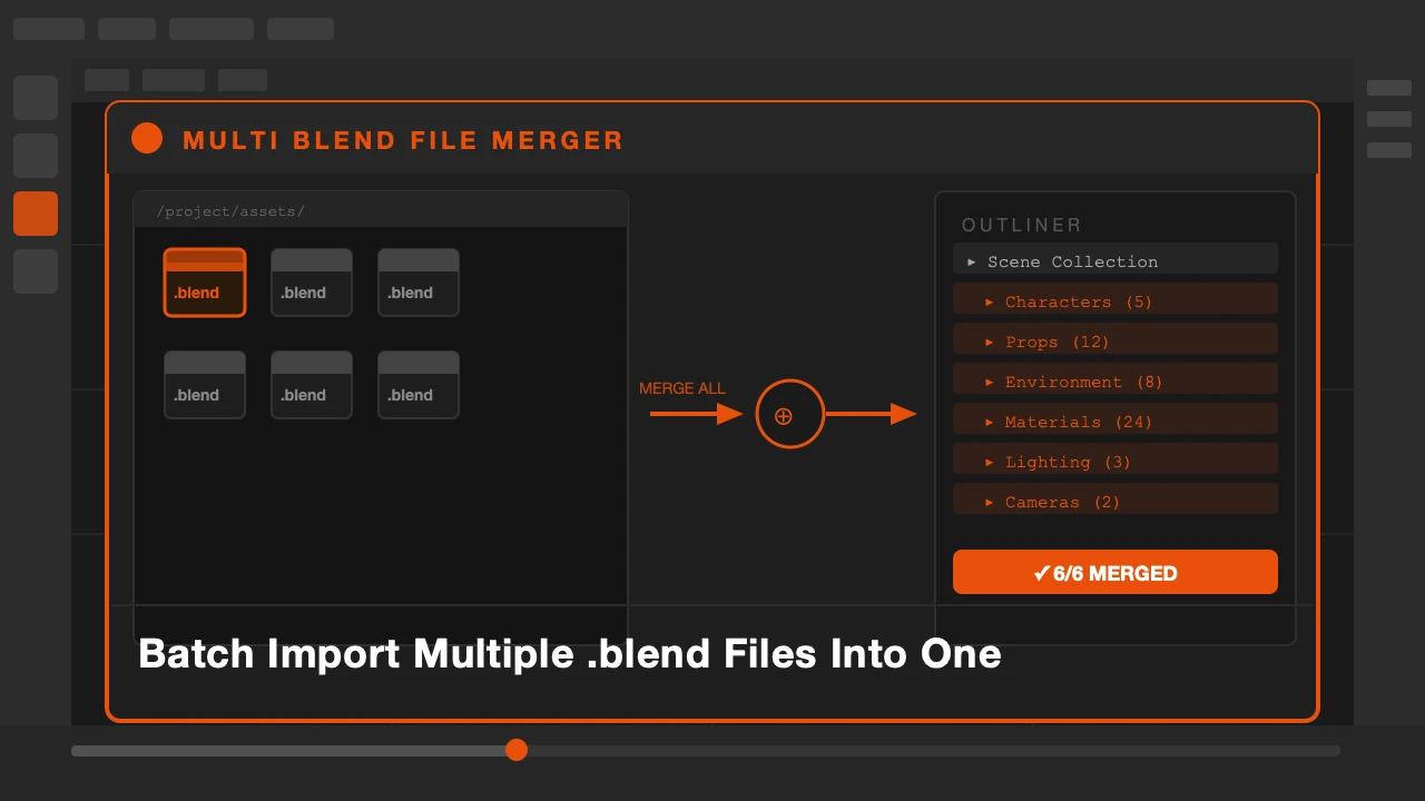 Multi Blend File Merger panel showing batch import of multiple blend files