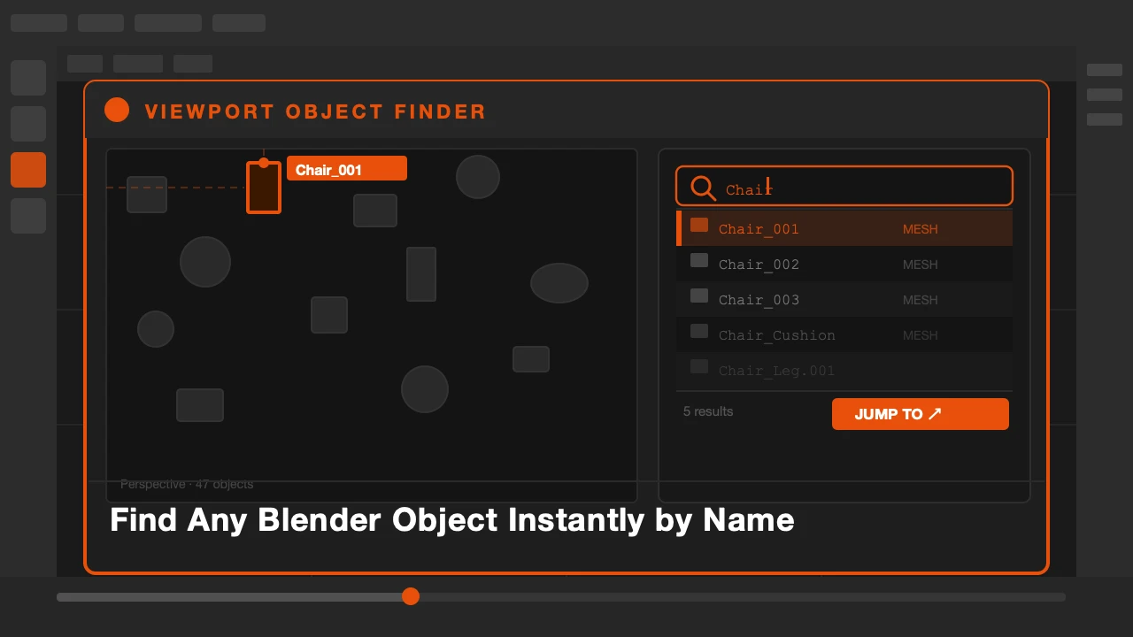 Viewport Object Finder — find any Blender object by name