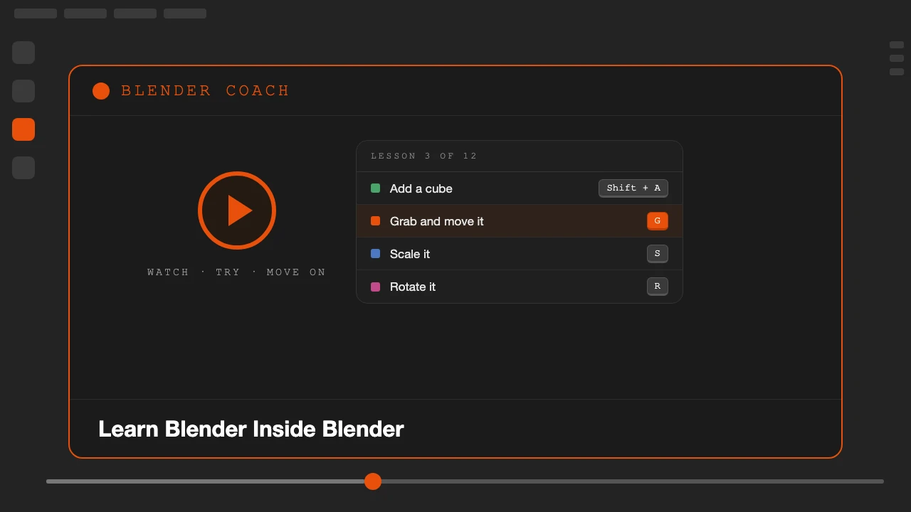 Blender Coach add-on for Blender, interactive step-by-step lessons that play inside your 3D Viewport