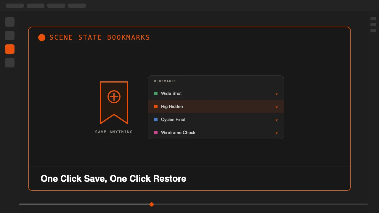 Scene State Bookmarks addon for Blender, save and restore full scene states in one click
