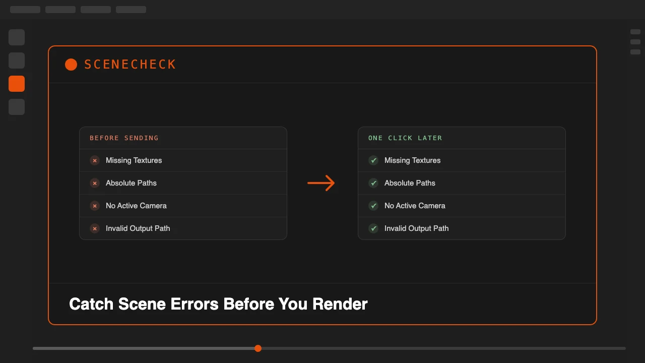 SceneCheck addon for Blender, catching scene errors like missing textures and no active camera before render