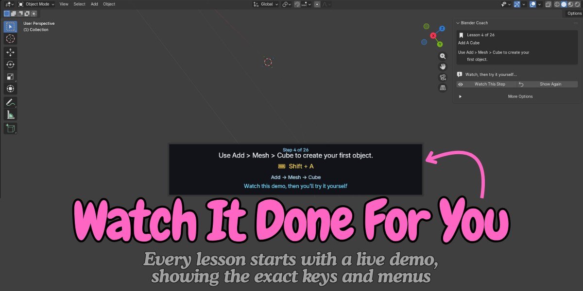 Blender Coach on-screen instruction banner showing the shortcut Shift + A and the menu path Add, Mesh, Cube over the Blender viewport