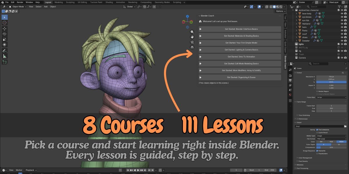 The Blender Coach course list showing 8 courses and 111 guided lessons inside Blender