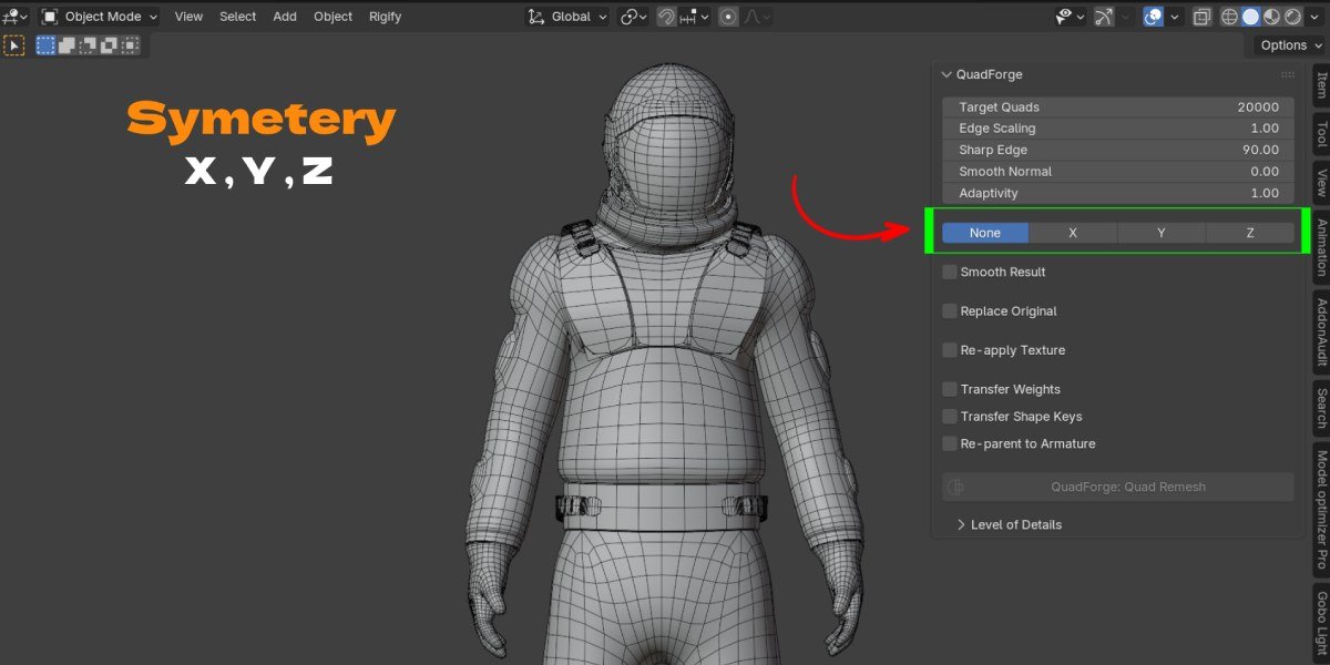 QuadForge N-panel showing target quad count, symmetry mode, and weight and shape key transfer options in Blender