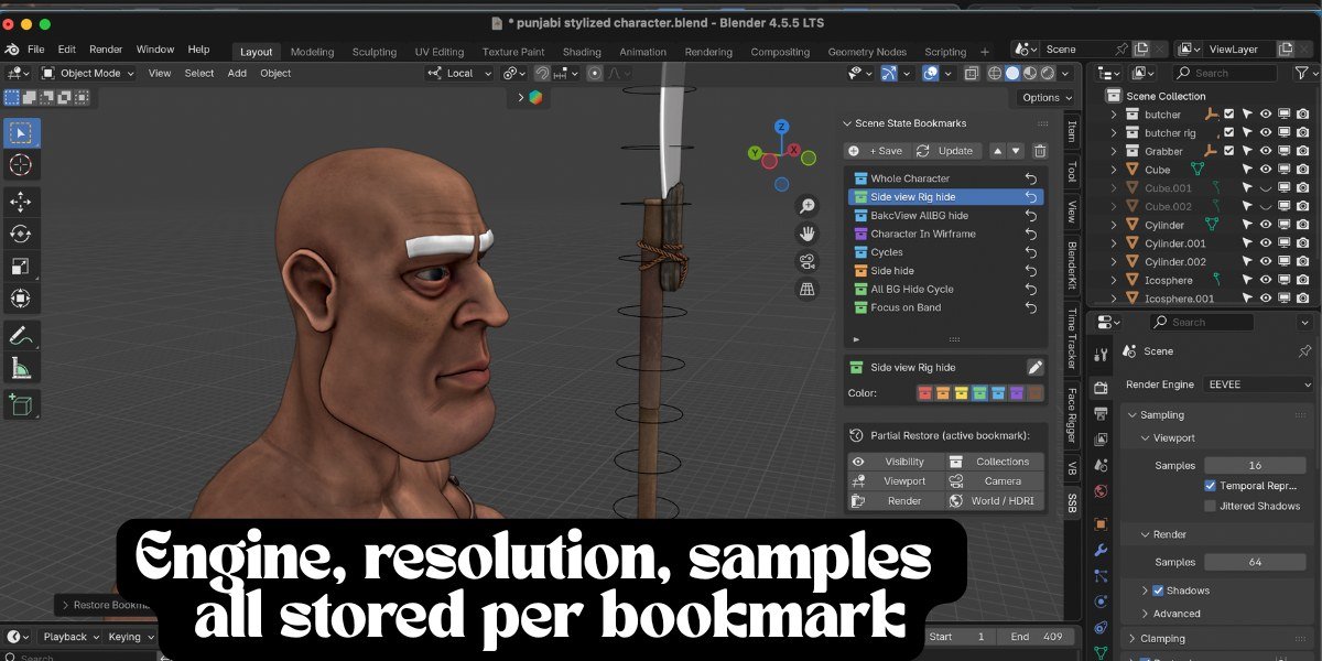 Scene State Bookmarks panel in Blender showing named bookmarks with color tags and partial restore options