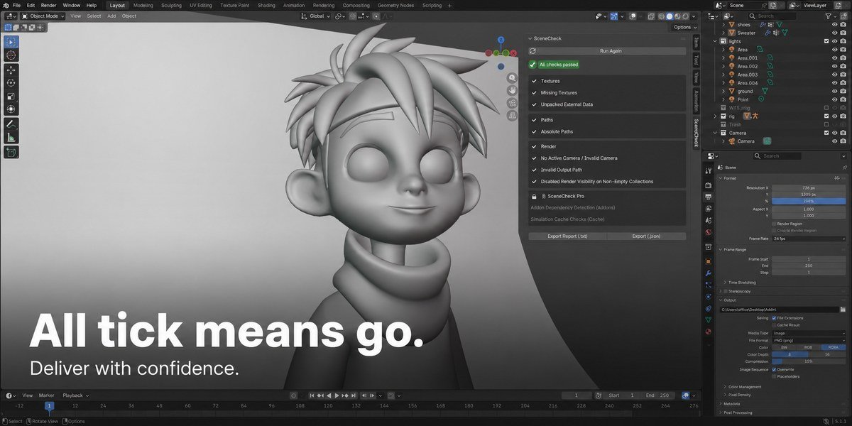 SceneCheck panel in Blender showing all checks passed, with locked Pro checks below