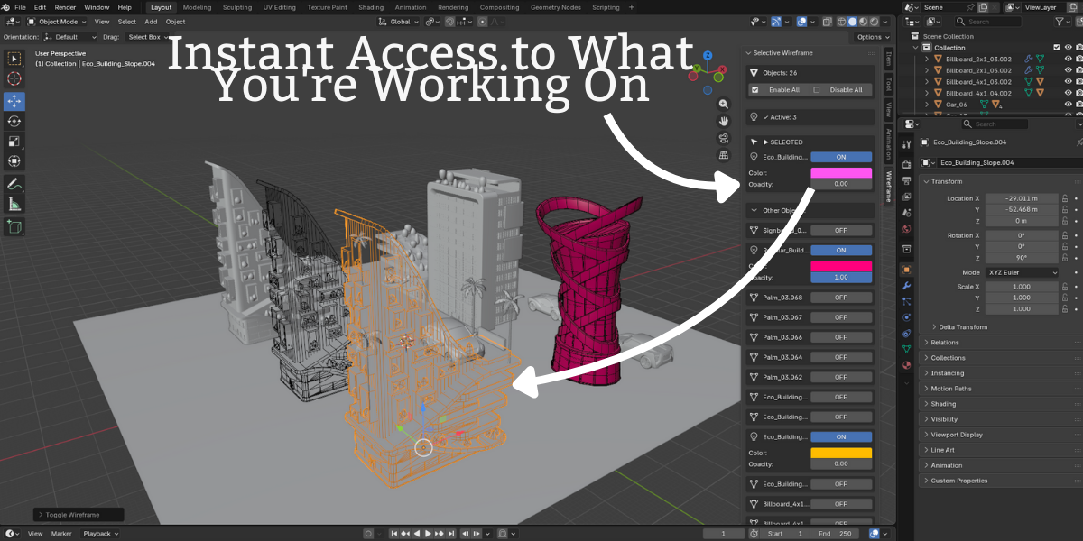Blender's wireframe mode turns everything on at once. Selective Wireframe lets you choose exactly which objects show it.