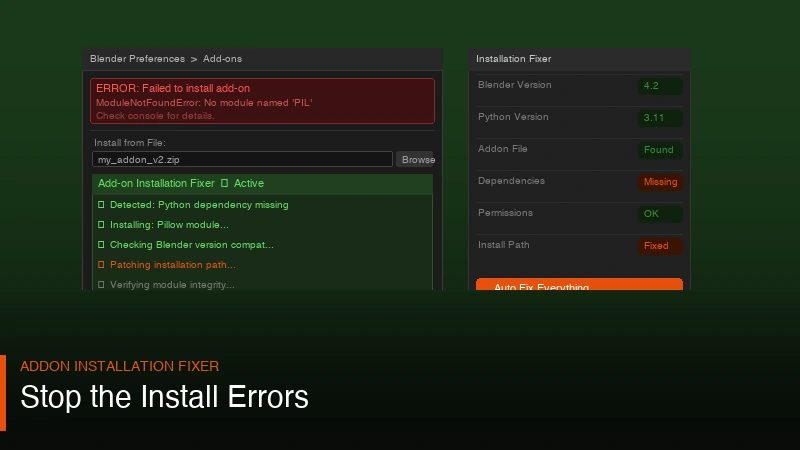Blender addon installation error screen — and how the fixer resolves it