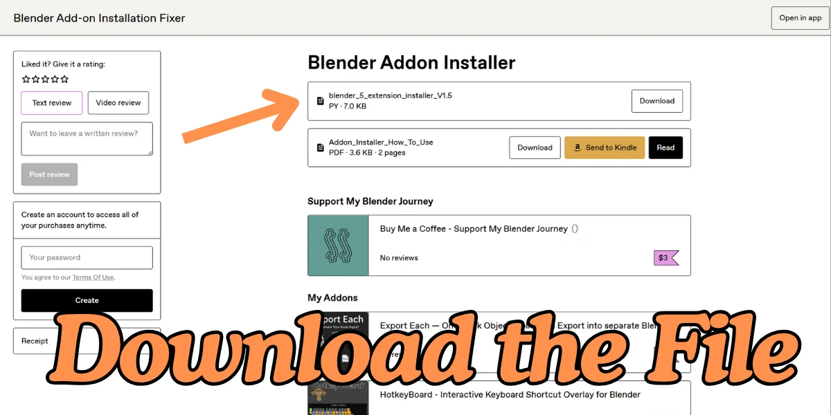 Gumroad page for the Blender Addon Installer with the installer script file and the how-to PDF ready to download