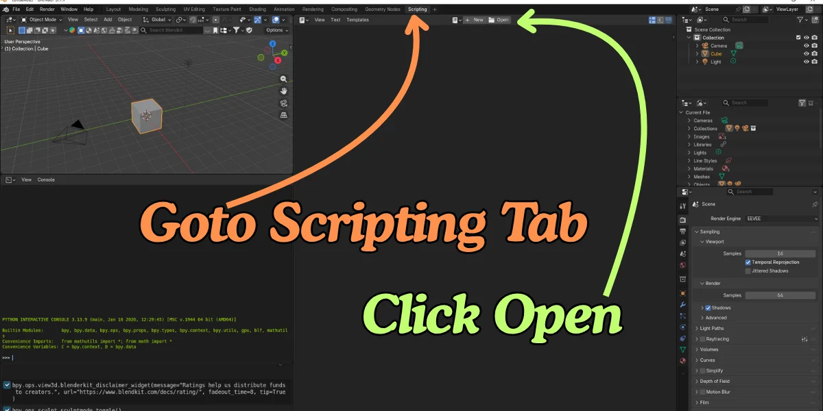 Blender Scripting tab with arrows pointing to the Scripting workspace and the Open button in the text editor