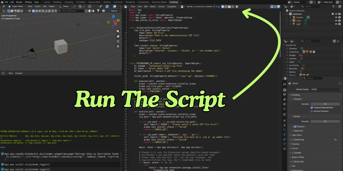 Blender text editor showing the addon installer Python script with an arrow pointing to the Run Script button