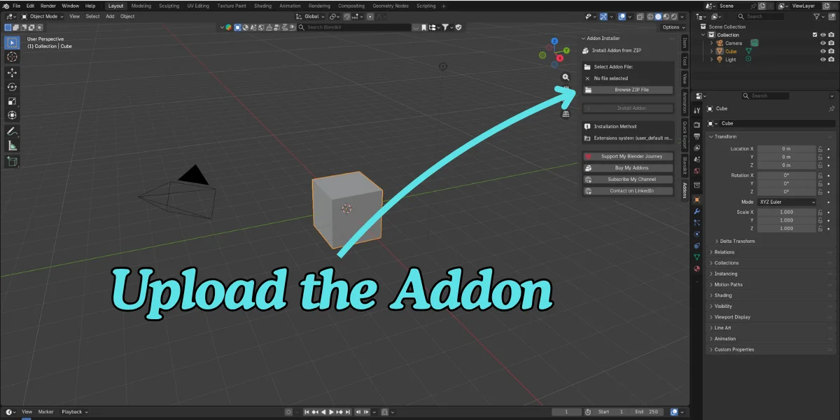 Blender 3D Viewport sidebar Addons tab showing the Addon Installer panel with the Browse ZIP File button
