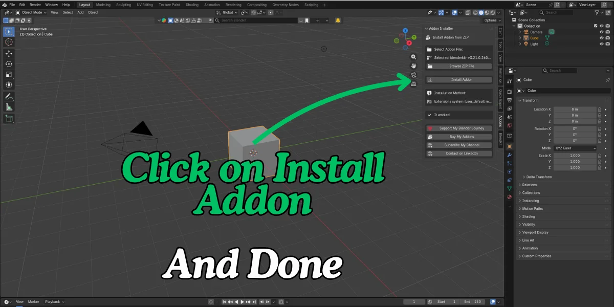 Blender Addon Installer panel showing the selected addon file, the Install Addon button and the It worked message