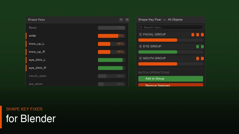 Shape Key Fixer panel in Blender showing all shape keys from multiple objects in one view